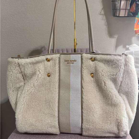 Kate Spade Everything Racing Stripe Faux Shearling Large Tote - Picture 2 of 2